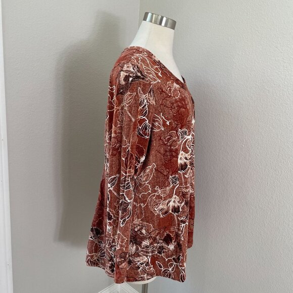 Susan Graver Weekend Plus 1X Rust Floral Long Sleeve Tunic Top Fall Color Shirt - Picture 3 of 11